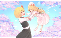 Rule 34 | 2girls, :d, ^ ^, black skirt, black vest, blonde hair, bow, bow legwear, capelet, closed eyes, collared shirt, commentary request, dress, fairy wings, fang, hair ribbon, harunoha, hat, hat bow, highres, hug, lifting person, lily white, long hair, medium hair, medium skirt, multiple girls, necktie, open mouth, petals, petite, red necktie, ribbon, rumia, shirt, skirt, sky, smile, socks, touhou, vest, white capelet, white dress, white headwear, white shirt, white socks, wings