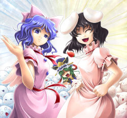 Rule 34 | 3girls, animal, animal ears, black hair, blue eyes, blue hair, bow, rabbit ears, carrot, carrot necklace, closed eyes, female focus, hair bow, inaba tewi, jewelry, koto tsubane, mai (touhou), multiple girls, mystic square, necklace, shiki eiki, short hair, touhou, touhou (pc-98), witch