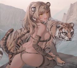 Rule 34 | animal, animal ears, animal print, ass, bikini, breasts, bridal gauntlets, chowbie, commentary, english commentary, fang, fangs, gloves, happy new year, haze, large breasts, light brown hair, mountain, mountainous horizon, new year, open mouth, original, print bikini, print gloves, print thighhighs, sideboob, sidelocks, skin fang, solo, striped bikini, striped clothes, swimsuit, tail, thighhighs, tiger, tiger ears, tiger girl, tiger print, tiger tail, yellow eyes