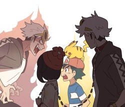 Rule 34 | 1girl, 3boys, angry, ash ketchum, baseball cap, beanie, black eyes, black hair, blue shirt, brown eyes, creature, creatures (company), dual persona, eye contact, fangs, furrowed brow, game freak, gen 1 pokemon, guzma (pokemon), hat, in-franchise crossover, leash, looking at another, multiple boys, nintendo, on head, pikachu, pokemon, pokemon (anime), pokemon (creature), pokemon on head, pokemon sm, pokemon sm (anime), selene (pokemon), shirt, short sleeves, ssalbulre, sunglasses, sunglasses on head, white hair