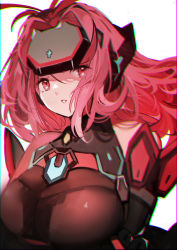 Rule 34 | 1girl, absurdres, alternate costume, alternate hair length, alternate hairstyle, breasts, cosplay, forehead protector, glowing crystal, highres, kos-mos, kos-mos (cosplay), kos-mos re:, large breasts, pyra (xenoblade), red eyes, red hair, solo, tarbo (exxxpiation), xenoblade chronicles (series), xenoblade chronicles 2, xenosaga