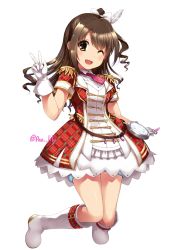 Rule 34 | 10s, 1girl, ;d, belt, boots, bow, brown eyes, brown hair, dress, feather hair ornament, feathers, full body, gloves, hair bow, hair ornament, highres, idolmaster, idolmaster cinderella girls, long hair, looking at viewer, necktie, one eye closed, one side up, open mouth, paopao, pink necktie, shimamura uzuki, shiny skin, short necktie, short sleeves, simple background, smile, solo, v, white background, white bow, white feathers, white footwear, white gloves