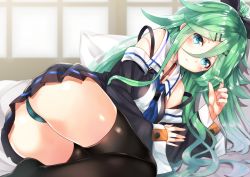 Rule 34 | 10s, 1girl, :t, ass, bare shoulders, bed, black ribbon, black thighhighs, blush, detached sleeves, green hair, hair between eyes, hair ornament, hair ribbon, hairclip, kantai collection, long hair, looking at viewer, mono (sunegey), on bed, panties, pantyshot, playing with own hair, ponytail, pout, ribbon, school uniform, serafuku, solo, strap slip, thighhighs, underwear, wide sleeves, yamakaze (kancolle)