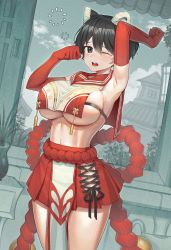 Rule 34 | 1girl, absurdres, animal ears, armpits, black eyes, black hair, blue archive, breasts, elbow gloves, gloves, goback, highres, large breasts, looking at viewer, navel, one eye closed, open mouth, red gloves, red sailor collar, red skirt, rope, sailor collar, shimenawa, short hair, skirt, sleepy, solo, standing, tears, thighs, tsubaki (blue archive), underboob