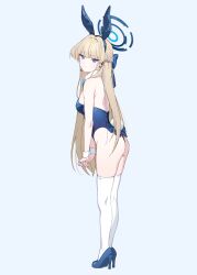 Rule 34 | 1girl, absurdres, animal ears, blonde hair, blue archive, blue bow, blue bowtie, blue eyes, blue footwear, blue leotard, bow, bowtie, braid, breasts, closed mouth, detached collar, fake animal ears, fake tail, full body, halo, high heels, highres, leotard, long hair, medium breasts, nyus0721, official alternate costume, rabbit ears, rabbit tail, simple background, solo, strapless, strapless leotard, tail, thighhighs, toki (blue archive), toki (bunny) (blue archive), white background, white thighhighs, wrist cuffs