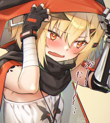 Rule 34 | 1girl, arknights, arms up, bandages, beige background, black cape, black gloves, blonde hair, blush, cape, commentary request, fang, fingerless gloves, gloves, hair between eyes, highres, hood, hooded cape, jewelry, material growth, mitake eil, necklace, open mouth, orange eyes, oripathy lesion (arknights), short hair, skin fang, solo, strapless, tube top, upper body, vermeil (arknights)