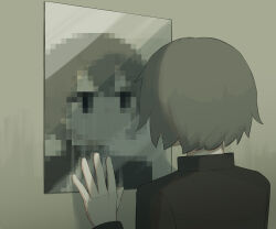 Rule 34 | 1boy, absurdres, avogado6, black eyes, black jacket, brown hair, commentary request, different reflection, expressionless, facing away, from behind, hand on mirror, hand up, highres, jacket, long sleeves, looking at mirror, male focus, mirror, no mouth, original, pixelated, reflection, short hair, solo, upper body
