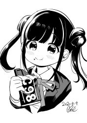 Rule 34 | 1girl, :t, absurdres, blunt bangs, blush, candy, chocolate, chocolate bar, closed mouth, cropped shoulders, dated, dot nose, double bun, eating, food, food on face, greyscale, hair bun, halftone, hand up, head tilt, highres, holding, holding chocolate, holding food, idolmaster, idolmaster shiny colors, long sleeves, looking at viewer, medium hair, moai (more e 4km), monochrome, neck ribbon, ribbon, school uniform, sidelocks, signature, simple background, smile, solo, sonoda chiyoko, swept bangs, tareme, twintails, upper body, white background, wing collar