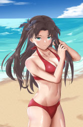Rule 34 | 1girl, absurdres, adjusting hair, bikini, black hair, black ribbon, blue sky, breasts, cleavage, closed mouth, cloud, day, fate/stay night, fate (series), friskkle, green eyes, hair ribbon, halterneck, hands up, highres, long hair, looking at viewer, medium breasts, navel, ocean, outdoors, parted bangs, red bikini, ribbon, sand, sky, solo, stomach, swimsuit, tohsaka rin, two side up