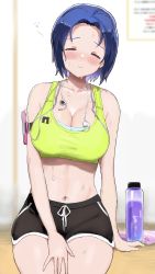 Rule 34 | 1girl, = =, absurdres, ahoge, arm support, armband, armpit crease, black shorts, blue hair, blurry, blush, bottle, breasts, cellphone, cleavage, collarbone, cowboy shot, crop top, dark blue hair, depth of field, dolphin shorts, earphones, forehead, full-face blush, green tank top, highres, hitodama (madatohi), idolmaster, idolmaster (classic), idolmaster million live!, indoors, large breasts, midriff, miura azusa, navel, parted bangs, phone, resting, short hair, shorts, sitting, solo, sports bra, sweat, sweatdrop, tank top