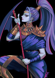 Rule 34 | 1girl, ancient greek clothes, armor, bandaged arm, bandages, bat wings, black background, blue hair, blue skin, bronze, circlet, colored skin, curtained hair, ear piercing, gorget, greaves, greco-roman clothes, greek mythology, hades (series), hades 1, highres, holding, holding weapon, holding whip, lipstick, long hair, makeup, megaera (hades), nose piercing, outline, piercing, pink lips, pink outline, ponytail, purple hair, signature, single bracer, single wing, solo, spiked ear piercing, spiked pauldrons, tona1071103, weapon, whip, wings, yellow eyes