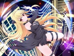 Rule 34 | 1girl, attack, bare shoulders, blonde hair, blush, breasts, building, city, city lights, cityscape, closed mouth, corset, crossover, detached sleeves, frown, hair intakes, hair ornament, konjiki no yami, lamppost, leg belt, lens flare, light particles, long hair, looking at viewer, midair, night, official art, outdoors, prehensile hair, red eyes, road, senran kagura, senran kagura new link, shiny skin, showgirl skirt, skylight (architecture), skyscraper, small breasts, solo, star cutout, street, thigh strap, to love-ru, to love-ru darkness, torn clothes, torn sleeves, two side up, very long hair, window, yaegashi nan