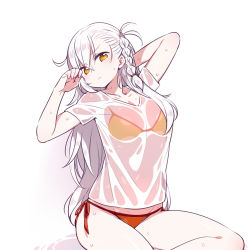 Rule 34 | 1girl, arm behind head, bikini, braid, breasts, chan co, closed mouth, fate/grand order, fate (series), hands up, large breasts, long hair, olga marie animusphere, orange eyes, shirt, short sleeves, side-tie bikini bottom, simple background, single braid, sitting, solo, swimsuit, wet, wet clothes, wet shirt, white background