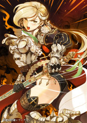 Rule 34 | 1girl, armor, armored boots, ass, blonde hair, boots, breastplate, gauntlets, inzup, long hair, open mouth, original, sheath, side ponytail, solo, sparkle, sword, thighhighs, unsheathing, weapon, yellow eyes, zettai bouei leviathan