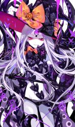 Rule 34 | 1girl, :d, abigail williams (fate), abigail williams (third ascension) (fate), artist name, black hat, black panties, bow, commentary, cowboy shot, fate/grand order, fate (series), hat, hat bow, highres, holding, light purple hair, long hair, looking at viewer, navel, open mouth, orange bow, panties, pink eyes, revealing clothes, sheya, signature, smile, solo, standing, stomach, symbol-only commentary, thighs, underwear, very long hair, witch hat