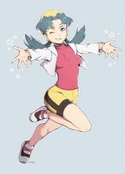 Rule 34 | 1girl, bike shorts, breasts, bright pupils, commentary, covered collarbone, covered navel, creatures (company), cropped jacket, earrings, eyelashes, full body, game freak, green eyes, green hair, grey background, hair tie, hat, highres, jacket, jewelry, knees, kris (pokemon), leg up, long hair, long sleeves, milka (milk4ppl), nintendo, one eye closed, open clothes, open jacket, outstretched arms, parted bangs, parted lips, pokemon, pokemon gsc, red shirt, shirt, shoes, signature, smile, solo, star (symbol), white footwear, white jacket, white pupils, yellow hat