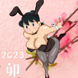 Rule 34 | 1girl, animal ears, ass, black bow, black bowtie, black eyes, black hair, black leotard, blush, bow, bowtie, breasts, chinese zodiac, cleavage, collarbone, covered erect nipples, doraemon, fake animal ears, happy new year, high heels, highres, large breasts, leotard, long hair, looking at viewer, mako (pixiv 441430), minamoto michiko, new year, open mouth, playboy bunny, ponytail, rabbit ears, rabbit tail, red footwear, shoes, standing, standing on one leg, wrist cuffs, year of the rabbit