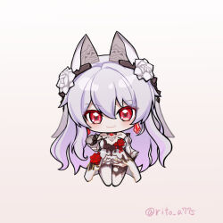Rule 34 | 1girl, asymmetrical footwear, bare shoulders, boots, breasts, chibi, cleavage, closed mouth, commentary request, dress, earrings, flower, full body, gradient background, grey background, grey hair, hair between eyes, hand up, honkai (series), honkai impact 3rd, jewelry, knee boots, long hair, looking at viewer, medium breasts, red eyes, red flower, red rose, ritoa7, rose, single knee boot, single thigh boot, smile, solo, standing, theresa apocalypse, theresa apocalypse (luna kindred), theresa apocalypse (lunar vow: crimson love), theresa apocalypse (till death do us part) (honkai impact), thigh boots, twitter username, very long hair, white background, white dress, white flower, white footwear, white rose