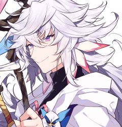 Rule 34 | 1boy, ahoge, bishounen, center frills, eyebrows, fate/grand order, fate (series), flower knot, frills, hair between eyes, hair ornament, highres, holding, holding staff, holding weapon, hood, hood down, hooded robe, long hair, looking at viewer, male focus, merlin (fate), multicolored hair, pink ribbon, purple eyes, ribbon, robe, shigetake (buroira), simple background, smile, solo, staff, tassel, turtleneck, two-tone hair, upper body, very long hair, weapon, white background, white hair, white robe