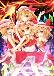 Rule 34 | 1girl, adapted costume, bare arms, blonde hair, bloomers, clone, crop top, erihiro, fang, flandre scarlet, four of a kind (touhou), frilled skirt, frills, hand on own face, hat, head on head, highres, laevatein, looking at viewer, looking back, midriff, mob cap, navel, one eye closed, open mouth, outstretched arms, red eyes, shirt, side ponytail, skirt, skirt set, sleeveless, sleeveless shirt, solo, touhou, underwear, wings, wrist cuffs