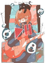 Rule 34 | 1girl, absurdres, animal, animal on head, black cat, black jacket, blush, brown eyes, brown hair, bubble, cat, cat on head, covered mouth, english text, guitar, haru57928031, highres, instrument, jacket, long sleeves, looking at viewer, on head, original, power lines, short hair, solo, speaker, upper body
