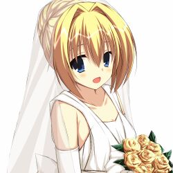 Rule 34 | 1girl, 2020, :d, alternate costume, alternate hairstyle, asagi nanami, bare shoulders, blonde hair, blue eyes, blush, bouquet, bridal veil, chitose sana, collarbone, dated commentary, dress, elbow gloves, eyebrows hidden by hair, eyelashes, flower, gloves, hair between eyes, hair bun, hair intakes, holding, holding bouquet, long hair, looking at viewer, open mouth, rose, simple background, single hair bun, smile, solo, tenshinranman, upper body, veil, wedding dress, white background, white dress, white gloves, yellow flower, yellow rose