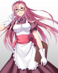 Rule 34 | 1girl, adjusting eyewear, apron, black-framed eyewear, blush, brown dress, clipboard, closed mouth, collared dress, commentary request, cowboy shot, dress, frilled apron, frills, glasses, gloves, highres, holding, holding clipboard, ike masato, impossible clothes, impossible dress, kafra uniform, long hair, looking at viewer, maid, maid apron, maid headdress, pink hair, puffy short sleeves, puffy sleeves, ragnarok online, red sash, sash, semi-rimless eyewear, short sleeves, simple background, solo, standing, under-rim eyewear, white apron, white background, white gloves