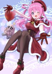 Rule 34 | 1girl, 4kimizuki, absurdres, balloon, belt, beret, boots, bow, candy hair ornament, capelet, crescent, crescent earrings, dress, earrings, food-themed hair ornament, fur trim, gloves, gradient hair, hair ornament, handbell, hat, highres, himemori luna, hololive, jewelry, luknight (himemori luna), mistletoe, multicolored hair, one eye closed, open mouth, pantyhose, pink hair, plaid, plaid bow, purple eyes, red capelet, red dress, red footwear, red gloves, red headwear, santa boots, santa dress, santa gloves, underbust, virtual youtuber, wavy hair