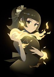 Rule 34 | 1girl, appi, black background, black eyes, black hair, blunt bangs, dark, earrings, fire, fire, glowing, highres, jewelry, looking at viewer, medium hair, nail polish, original, ponytail, sidelocks, solo, upper body, yellow fire, yellow nails, yellow theme
