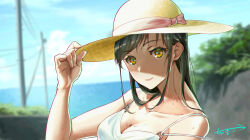 Rule 34 | 1girl, absurdres, blurry, blurry background, breasts, chama kou, cleavage, closed mouth, day, dress, grey hair, hand up, hat, hat ribbon, highres, horizon, long hair, looking at viewer, medium breasts, o-ring dress, ocean, original, outdoors, pink ribbon, portrait, ribbon, signature, sleeveless, sleeveless dress, solo, straw hat, sun hat, sundress, sweat, utility pole, white dress, yellow eyes