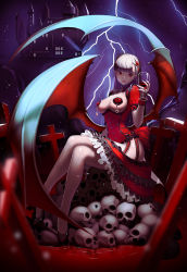 Rule 34 | 1girl, blood, blunt bangs, bow, breastless clothes, breasts, breasts out, castle, corset, cross, crossed legs, cup, demon wings, dress, drinking glass, frills, hair ornament, heart pasties, highres, hip vent, jewelry, lace, lightning, lips, low wings, naco (manacool), night, original, pale skin, pasties, pointy ears, pool of blood, red eyes, silver hair, sitting, skull, solo, vampire, wine glass, wings