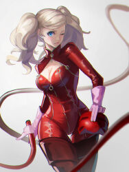 Rule 34 | 1girl, blue eyes, bodysuit, breasts, cat mask, cleavage, earrings, full-length zipper, gloves, grey hair, hakusyokuto, highres, holding, holding mask, holding whip, jewelry, long hair, long sleeves, looking at viewer, mask, medium breasts, one eye closed, persona, persona 5, pink gloves, red bodysuit, smile, takamaki anne, twintails, whip, zipper