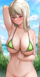 Rule 34 | 1girl, :p, areola slip, arm behind head, arm up, armpits, beach, bikini, bikini top only, blonde hair, blue sky, blurry, blurry background, blush, bottomless, breasts, cleavage, cloud, collarbone, day, grass, green bikini, groin, highres, large breasts, lomocya, long hair, looking at viewer, micro bikini, navel, nose blush, original, out-of-frame censoring, outdoors, palm tree, pink eyes, skindentation, sky, solo, standing, stomach, straight hair, string bikini, swimsuit, tongue, tongue out, tree, very long hair, wet