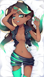 Rule 34 | 1girl, absurdres, arm on own head, arm rest, arm up, bare arms, black vest, breasts, brown hair, cephalopod eyes, collarbone, collared vest, colored skin, crop top, cropped vest, dark-skinned female, dark skin, earrings, fang, furrowed brow, glowing, green eyes, green hair, green skin, green thighhighs, groin, hand up, highres, jewelry, lips, long hair, looking at viewer, lying, marina (splatoon), medium breasts, mole, mole under mouth, multicolored hair, multicolored skin, navel, navel piercing, nintendo, no bra, octoling, on back, open clothes, open mouth, open vest, piercing, pink pupils, rooru (skhjk0), shorts, smile, solo, splatoon (series), splatoon 2, stomach, suction cups, tentacle hair, thighhighs, unzipped, very long hair, vest, wing collar, zipper, zipper pull tab