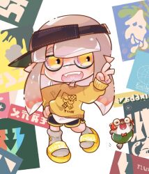 Rule 34 | 1girl, 333negi, black shorts, commentary request, full body, hand on own hip, highres, inkling, inkling girl, inkling player character, long hair, nintendo, one eye closed, open mouth, pink hair, pointy ears, print sweater, sandals, short shorts, shorts, sideways hat, smallfry (splatoon), splatoon (series), splatoon 3, standing, sweater, teeth, tentacle hair, thick eyebrows, v, visor cap, white background, yellow eyes, yellow footwear, yellow sweater, yellow trim
