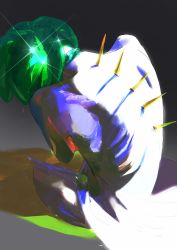 Rule 34 | 1other, amputee, androgynous, cloak, commentary, crystal hair, english commentary, facing down, from above, green hair, highres, houseki no kuni, mixed-language commentary, naked cloak, other focus, phosphophyllite, ribs, self hug, short hair, sitting, solo, sparkle, spikes, yexuan825