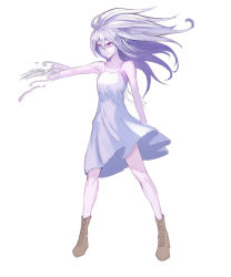 Rule 34 | 1girl, boots, brown footwear, cross-laced footwear, dress, hair between eyes, hidezi, lace-up boots, light purple hair, red eyes, silver hair, simple background, solo, white background, white dress