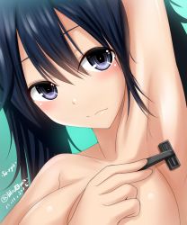 Rule 34 | 10s, 1girl, aqua background, arm up, armpits, blasowa, blue eyes, blue hair, blush, breasts, character name, cleavage, dated, female focus, hair between eyes, highres, kantai collection, large breasts, looking at viewer, matching hair/eyes, razor, shaving, shaving armpit, solo, souryuu (kancolle), topless frame, twitter username, upper body