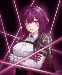 Rule 34 | 1girl, black background, breasts, commentary, english commentary, eyewear on head, gloves, grin, highres, honkai: star rail, honkai (series), ironbeastz, jewelry, kafka (honkai: star rail), large breasts, long hair, long sleeves, looking at viewer, parted lips, purple eyes, purple gloves, ring, shirt, smile, solo, sunglasses, upper body, white shirt