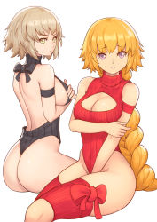 Rule 34 | 2girls, alternate costume, arm strap, ass, back, bare back, bare hips, bare shoulders, between legs, black bow, black leotard, blonde hair, bow, braid, breast hold, breasts, brown hair, cleavage, cleavage cutout, closed mouth, clothing cutout, commentary, fate/apocrypha, fate/grand order, fate (series), hand between legs, hand on own arm, hand on own chest, heattech leotard, highleg, highleg leotard, jeanne d&#039;arc (fate), jeanne d&#039;arc (ruler) (fate), jeanne d&#039;arc alter (avenger) (fate), jeanne d&#039;arc alter (fate), knee cutout, large breasts, leotard, light brown hair, long hair, looking at viewer, multiple girls, parted lips, purple eyes, red bow, red legwear, red leotard, revision, short hair, sideboob, simple background, single braid, sitting, skindentation, thighhighs, tsuki suigetsu, turtleneck, v-shaped eyebrows, very long hair, white background