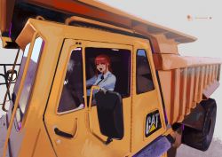 Rule 34 | 1girl, absurdres, black necktie, chainsaw man, collared shirt, driving, dump truck, haul truck, highres, long hair, looking at viewer, makima (chainsaw man), monster wolf, motor vehicle, necktie, open mouth, red hair, shirt, sidelocks, simple background, smile, solo, truck, vehicle focus, white background, white shirt, yellow eyes