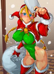 Rule 34 | 1girl, bare legs, bare shoulders, blonde hair, blue eyes, braid, breasts, cammy white, capcom, christmas, covered navel, curvy, fingerless gloves, from behind, gloves, green leotard, hat, highleg, highleg leotard, highres, hiny skin, large breasts, legs, leotard, letter, long hair, looking up, red hat, santa hat, simple background, snow, snowing, solo, street fighter, street fighter ii (series), thigh strap, toned, twin braids