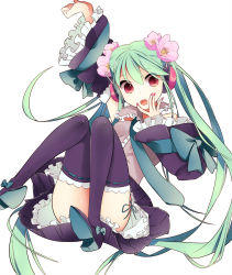 Rule 34 | 1girl, 6 (roku), arm up, bad id, bad pixiv id, boots, detached sleeves, flower, green hair, hair flower, hair ornament, hatsune miku, headphones, highres, lolita fashion, long hair, nail polish, necktie, omucchan (omutyuan), open mouth, petticoat, red eyes, simple background, sitting, skirt, solo, thigh boots, thighhighs, twintails, very long hair, vocaloid, wa lolita, white background, wide sleeves