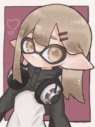 Rule 34 | 1girl, black jacket, border, brown eyes, brown hair, closed mouth, commentary request, headphones, headphones around neck, heart, highres, inkling, inkling girl, inkling player character, jacket, long hair, mina p, multicolored clothes, multicolored jacket, nintendo, pointy ears, red background, safety pin, simple background, solo, splatoon (series), tentacle hair, two-tone jacket, upper body, white border, white jacket