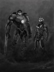 Rule 34 | arm blade, armor, assault visor, body armor, bodysuit, cannon, chain sword, chest cannon, crossover, dark, directed-energy weapon, eatalllot, energy, energy cannon, energy weapon, faceplate, formal, gd6 chain sword, giant, gipsy danger, glowing, greyscale, highres, jaeger (pacific rim), legendary pictures, mask, mecha, mechanical arms, monochrome, no humans, nuclear vortex turbine, pacific rim, pan pacific defense corps, realistic, robot, science fiction, single mechanical arm, size difference, smoke, standing, suit, super robot, sword, tsuburaya productions, ultra series, ultraman, ultraman (1st series), visor, weapon, whip, whip sword, wrist blades