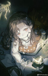 Rule 34 | 1girl, 47ko, absurdres, arm under breasts, braces, brown hair, curly hair, dark background, dress, envelope, fairy, from above, highres, holding, holding jar, jar, jewelry, light particles, long hair, long sleeves, looking at viewer, lying, necklace, on stomach, orange eyes, parted bangs, parted lips, red dress, reverse:1999, shirt, solo, tag, the pose, tooth fairy (reverse:1999), tooth necklace, upper body, weibo logo, weibo watermark, white shirt