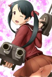 Rule 34 | 10s, 1girl, ;d, akahige, ass, black hair, brown eyes, cannon, hair ribbon, kantai collection, long hair, mikuma (kancolle), no panties, one eye closed, open mouth, ribbon, school uniform, serafuku, skirt, smile, solo, twintails, wink