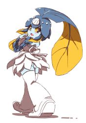 Rule 34 | 1girl, apron, ass, blue skin, blush, colored sclera, colored skin, fins, fish girl, from behind, full body, minette (skullgirls), mtk hoshi, open mouth, ponytail, shell hair ornament, skullgirls, smile, solo, thighhighs, walking, yellow sclera