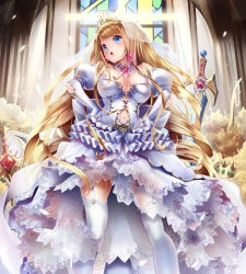 Rule 34 | 1girl, blonde hair, blue eyes, blush, breasts, character request, choker, cleavage, crown, dress, frills, garter straps, gloves, hands on own hips, jewelry, large breasts, long hair, open mouth, puffy sleeves, shingoku no valhalla gate, skirt, solo, sorimura youji, sword, thighhighs, veil, very long hair, wavy hair, weapon, white dress, white thighhighs