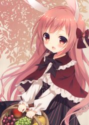 Rule 34 | 1girl, absurdres, animal ears, apple, basket, black bow, black skirt, blush, bow, capelet, center frills, chitosezaka suzu, food, frilled capelet, frills, fruit, grapes, hair bow, highres, holding, holding basket, long hair, long sleeves, looking at viewer, open mouth, original, pink hair, puffy long sleeves, puffy sleeves, rabbit ears, red apple, red bow, red capelet, red eyes, shirt, skirt, sleeves past wrists, solo, striped clothes, striped shirt, vertical-striped clothes, vertical-striped shirt, very long hair, white shirt
